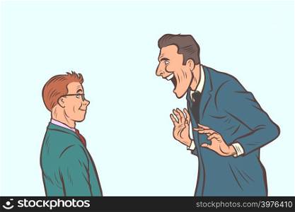 Joyful meeting boss and businessman. Comic cartoon pop art retro vector illustration drawing. Joyful meeting boss and businessman