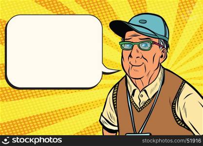 joyful old man in a baseball cap. A kind grandfather. Pop art retro vector illustration. joyful old man in a baseball cap