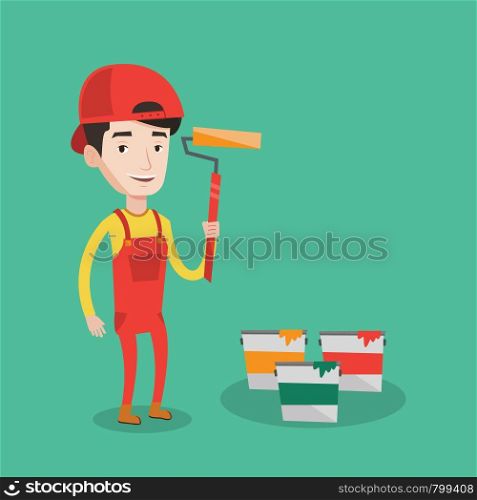 Joyful painter in uniform holding a paint roller in hands. Young cheerful painter at work. Smiling painter standing near paint cans. Vector flat design illustration. Square layout.. Painter holding paint roller vector illustration.
