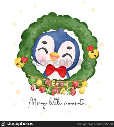 Joyful Penguin Celebrating Christmas in a Festive Wreath, Merry Christmas little moment, Watercolor Cartoon. Exciting Smiles and Cheerful Holiday Vibes. Perfect for Cards, Invitations, and Decorations.