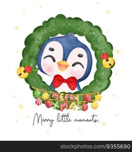 Joyful Penguin Celebrating Christmas in a Festive Wreath, Merry Christmas little moment, Watercolor Cartoon. Exciting Smiles and Cheerful Holiday Vibes. Perfect for Cards, Invitations, and Decorations.