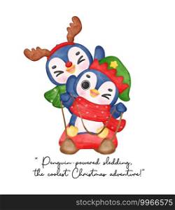Joyful Penguin Elf and Reindeer Friend, Cute Christmas animal Watercolor Cartoon