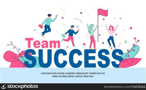 Joyful People at Huge Words Team Success. Men Running with Suitcases. Woman Holding Pink Flag on White Background with Floral Elements and Abstract Pattern. Linear Cartoon Flat Vector Illustration.. Joyful Business People at Huge Words Team Success.