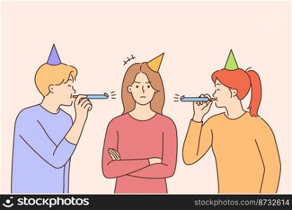 Joyful people blow in whistles congratulate unhappy girl with birthday. Upset angry woman in birthday hat distressed with friends greeting her. Vector illustration. . Joyful people congratulate unhappy woman