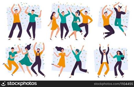 Joyful people. Cheerful couple, happy team celebrating together and group of smiling people. Excited teenager friends characters or joyful businesspeople. Isolated flat vector illustration icons set. Joyful people. Cheerful couple, happy team celebrating together and group of smiling people flat vector illustration set