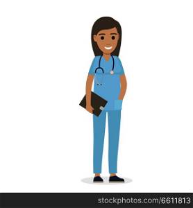 Joyful physician in navy uniform with stethoscope on neck holds black tablet in one hand, other hand is in pocket vector illustration. Joyful Physician with Stethoscope and Black Tablet