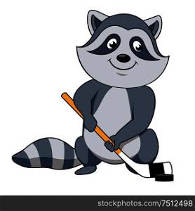 Joyful raccoon hockey player cartoon character with hockey stick and puck, for sport team mascot design. Cartoon raccoon with hockey stick and puck