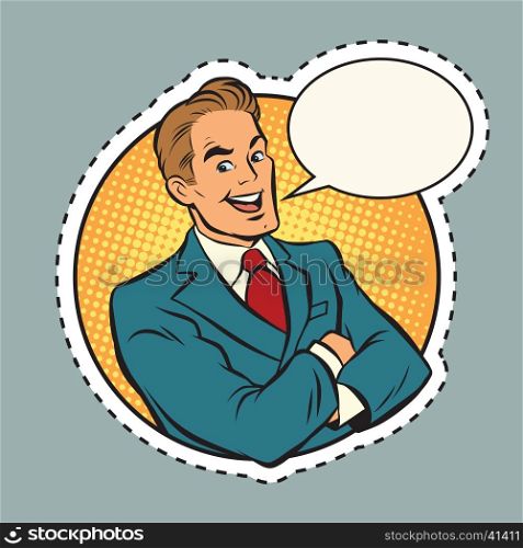 Joyful retro businessman label sticker outline, pop art retro comic book vector illustration