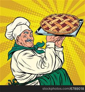 joyful retro cook berry pie, pop art vector illustration