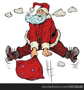 joyful Santa Claus jumps up, excess of emotions cartoon jump. Christmas holidays. Pop Art Retro Vector Illustration Kitsch Vintage 50s 60s Style. joyful Santa Claus jumps up, excess of emotions cartoon jump. Christmas holidays