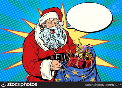 Joyful Santa Claus with bag of Christmas gifts. Pop art retro vector illustration. Joyful Santa Claus with bag of Christmas gifts