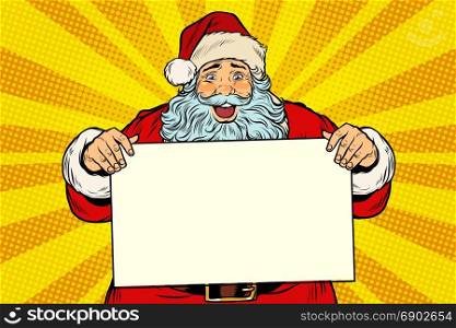 Joyful Santa Claus with poster template. Pop art retro vector illustration. Joyful Santa Claus with poster template