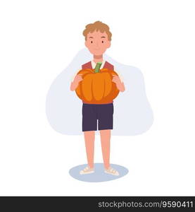 Joyful Seasonal Child with Big Pumpkin. Cute Little Boy Holding Big Pumpkin.