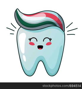 Joyful shining kawaii tooth with toothpaste, Cute cartoon character - pure white tooth, teeth brushing and oral hygiene, concept of dental care and dentistry. Vector flat illustration. kawaii dental care