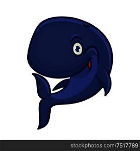 Joyful smiling blue sperm whale cartoon character for sea adventure hero or underwater wildlife mascot design with funny cachalot preparing for deep dive. Cartoon smiling blue sperm whale character