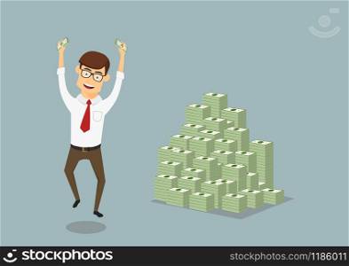 Joyful smiling businessman with money in hands happy jumping near a huge pile of dollar packs, for wealth or success themes design. Cartoon flat style. Businessman with huge pile of dollar packs