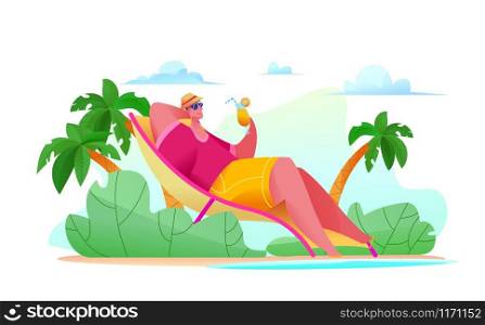 Joyful tourist man is lying on beach by sea with glass of orange juice. Abstract palm trees with vegetation. Metaphor of happy life. concept of relaxation in warm countries. Vector flat illustration