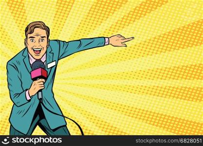 joyful TV reporter broadcasts live. Pop art retro vector illustration. joyful TV reporter broadcasts live