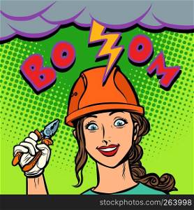joyful woman electrician professional, lightning strike, spark electricity. Comic cartoon pop art retro vector illustration drawing. joyful woman electrician professional, lightning strike, spark e