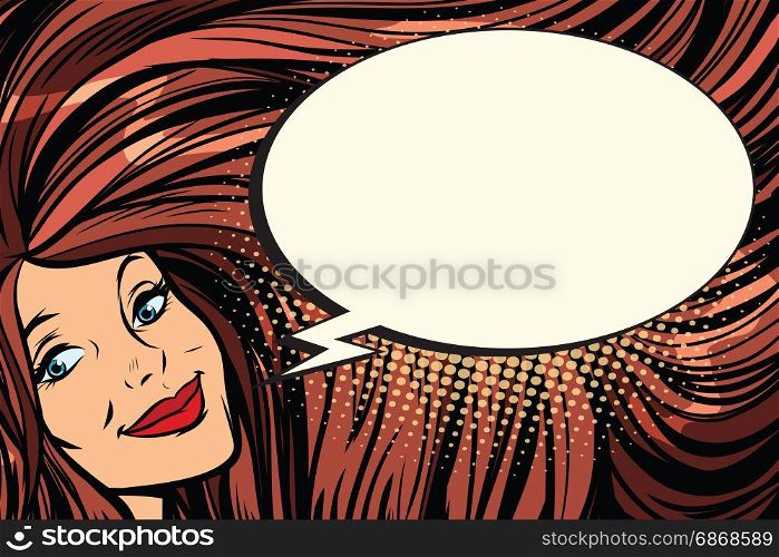 Joyful woman with long hair and a comic bubble. Pop art retro vector illustration. Joyful woman with long hair and a comic bubble