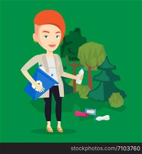 Joyful woman with recycling bin in hand picking up used plastic bottles. Caucasian woman collecting garbage in recycle bin. Waste recycling concept. Vector flat design illustration. Square layout.. Woman collecting garbage in forest.
