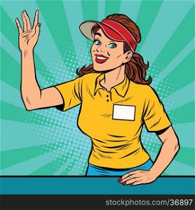 Joyful young female fast food worker takes the order, pop art retro vector illustration. A restaurant employee fast food. The seller is in uniform