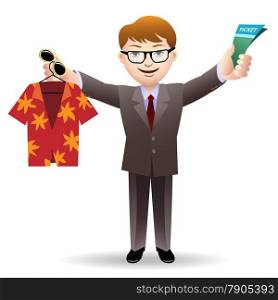 Joyful young man in office suit with ticket, tropical shirt and sunglasses in hands. Isolated on white background.
