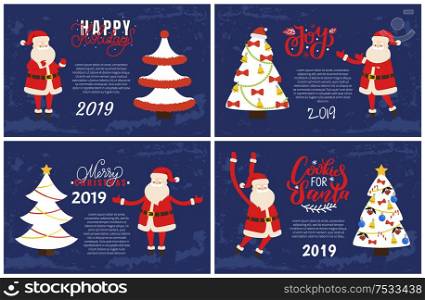 Joys, Happy holidays greeting cards on 2019 New Year party. Vector postcard sample, decorated Xmas trees topped by hat, bells and berries, Santa Claus. Joys Greeting Card on 2019 New Year Holiday Vector