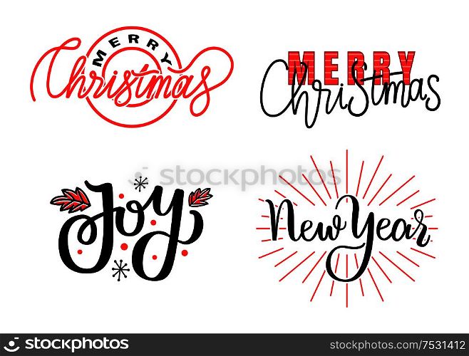 Joys, Merry Christmas and Happy New Year print, lettering text vector isolated signs. Winter holidays greetings, hand drawn calligraphic doodles signs. Joys, Merry Christmas and Happy New Year Prints
