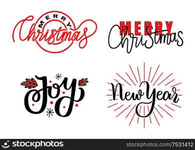 Joys, Merry Christmas and Happy New Year print, lettering text vector isolated signs. Winter holidays greetings, hand drawn calligraphic doodles signs. Joys, Merry Christmas and Happy New Year Prints