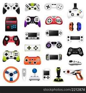 Joystick icons set cartoon vector. Game workspace. Desk gaming. Joystick icons set cartoon vector. Game workspace
