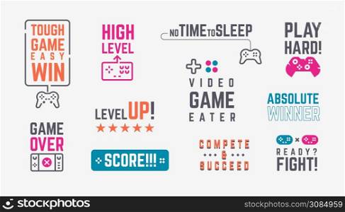 Joystick quotes. Retro gamepad banners with slogans and console game controllers, print for t-shirts. Vector graphics gaming label set. Joystick quotes. Retro gamepad banners with slogans and console game controllers, print for t-shirts. Vector gaming label set