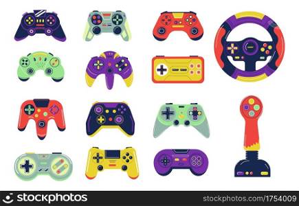 Joysticks. Cartoon controllers for console video gaming. Colorful gamepads control character and transport or aircraft. Isolated wireless devices with buttons. Vector gadgets set for playing games. Joysticks. Cartoon controllers for video gaming. Colorful gamepads control character and transport or aircraft. Isolated wireless devices with buttons. Vector gadgets set for games