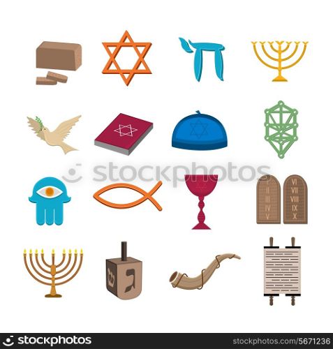 Judaism church traditional symbols icons set isolated vector illustration