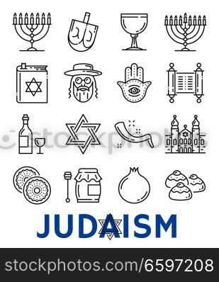 Judaism symbols of Jewish religious thin line art icons. Vector isolated set of David star and Torah Judaism book, religion food and drink, synagogue or menorah and Eucharist or Hamsa and Shofar. Vector Judaism religious symbols thin line icons