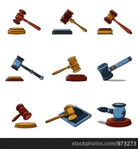Judge hammer icons set. Cartoon illustration of 9 judge hammer vector icons for web. Judge hammer icons set, cartoon style