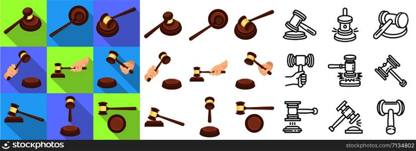 Judge hammer icons set. Flat and outline set of judge hammer vector icons for web design. Judge hammer icons set, flat and outline style