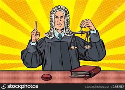 judge in a wig. scales of justice. Pop art retro vector illustration kitsch vintage. judge in a wig. scales of justice