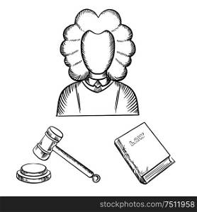 Judge in traditional mantle and wig, gavel and law book icons in outline sketch style. Judge, gavel and law book sketches
