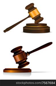 Judge or auctioneers gavel resting on a wooden plinth in two shapes, vector illustration on white