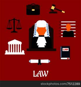 Judge profession flat icons with judge man in mantle and wig, encircled by law book, gavel, prisoner photo, court building, scales, paper scroll and briefcase with caption Law. Judge with court flat icons