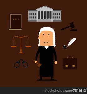 Judge profession icons with judge man in mantle and wig, encircled by law book, gavel, prisoner photo, court building, scales, paper scroll and briefcase. Judge with court and justice icons