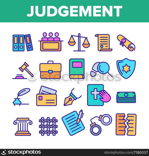 Judgement, Court Process Vector Thin Line Icons Set. Judgement, Trial Procedure Linear Pictograms. Legal Accusation, Litigation. Crime Investigation, Verdict, Indictment Oars Contour Illustrations. Judgement, Court Process Vector Color Line Icons Set