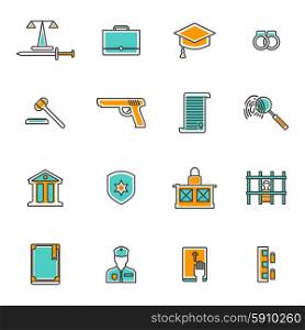 Judgement Line Icons Set . Judgement and law line icons set with court prison and criminal flat isolated vector illustration