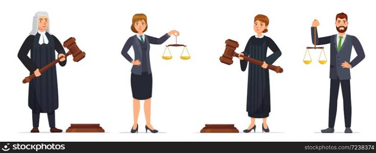 Judges and lawyers. Judge holding hammer and lawyer with scales of justice. Judicial workers, law cartoon vector illustration set. Legal verdict, woman and man with gavel. Court worker characters. Judges and lawyers. Judge holding hammer and lawyer with scales of justice. Judicial workers, law cartoon vector illustration set