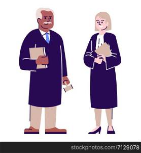Judges flat vector characters. Lawyer couple, advocate cartoon illustration with outline. Juridical advisors, magistrates. Woman and man legal consultants, court workers isolated on white background