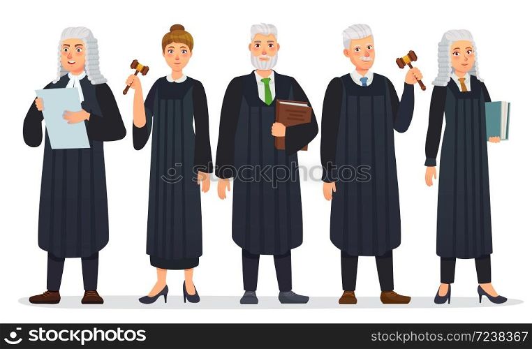 Judges team. Law judge in black robe costume, court people and justice workers vector cartoon illustration. Man and woman holding book and gavel or hummer, law occupation. Magistrate with mallet. Judges team. Law judge in black robe costume, court people and justice workers vector cartoon illustration