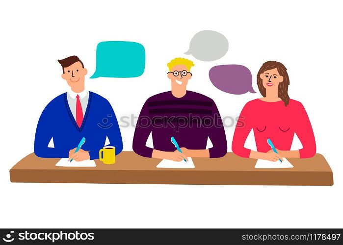 Judging committee. Judges table with quiz scoring men and woman people cartoon vector illustration. Judging committee. Judges table with quiz scoring men and woman people vector illustration