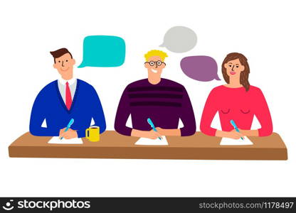 Judging committee. Judges table with quiz scoring men and woman people cartoon vector illustration. Judging committee. Judges table with quiz scoring men and woman people vector illustration