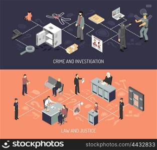 Judicial System Isometric Horizontal Banners. Judicial system isometric horizontal banners with crime arrest evidences investigation interrogation court hearing isolated vector illustration